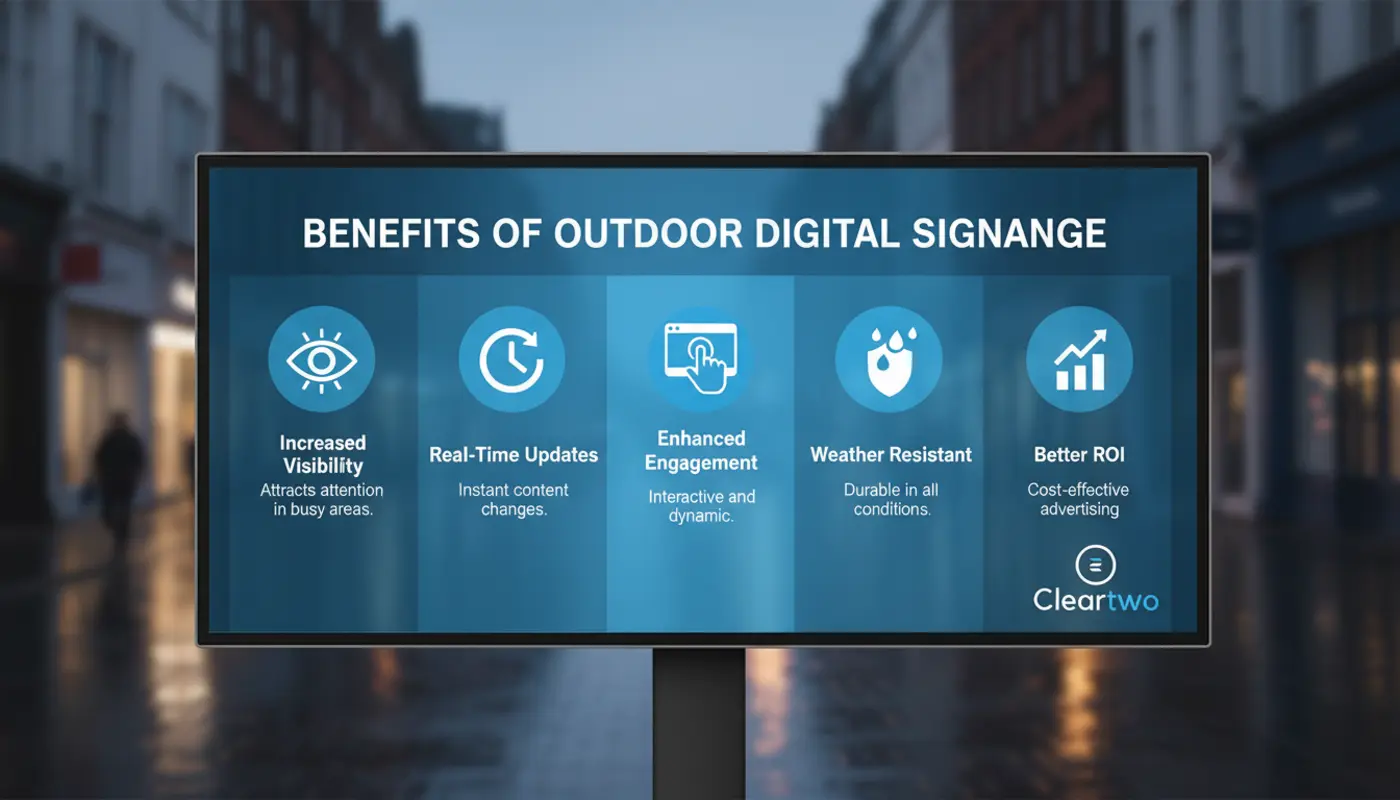 Infographic showing key benefits of outdoor digital signage with icons and UK street backdrop.