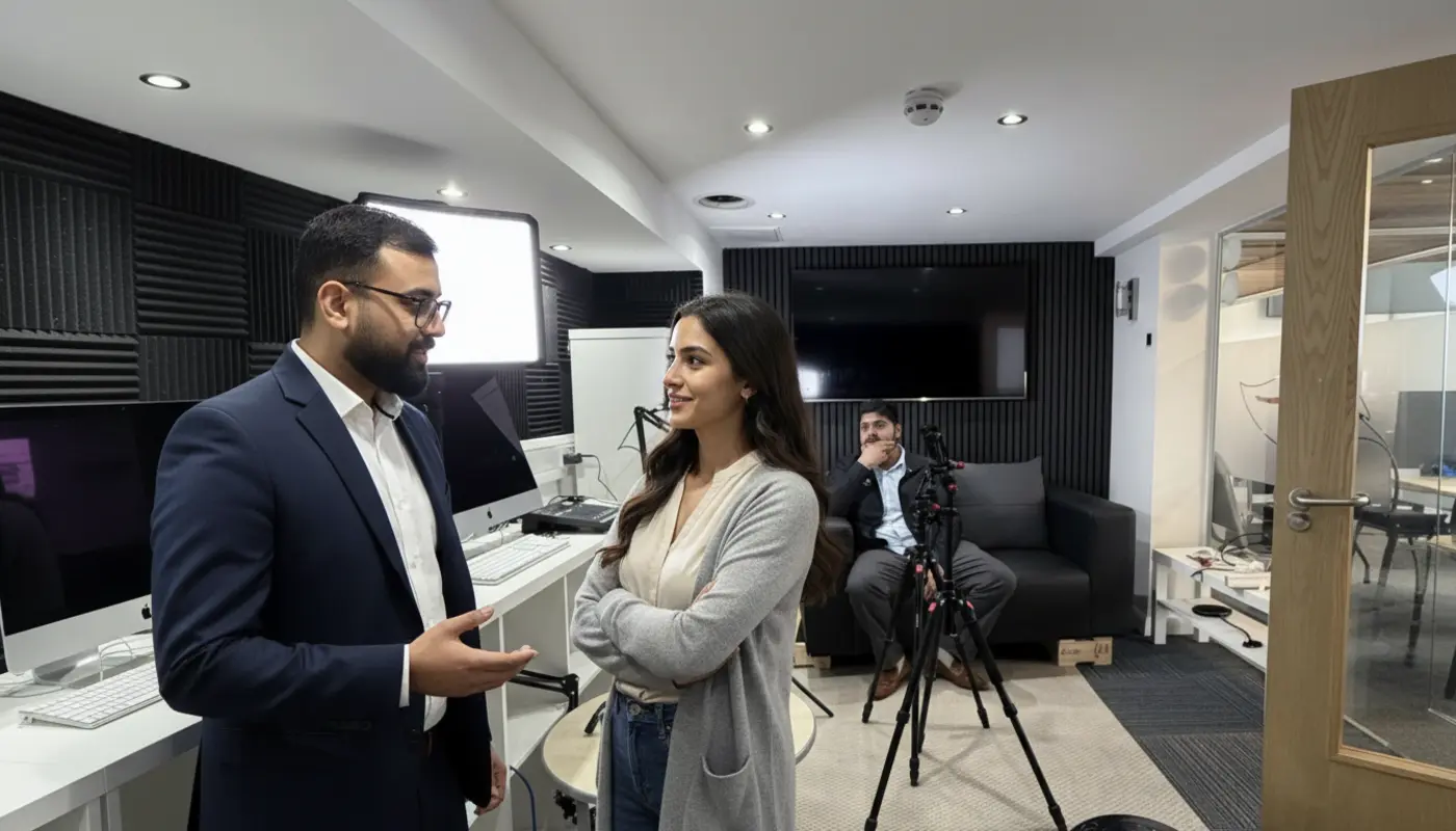 Omar and Sara discussing UK startup marketing strategy inside an office.