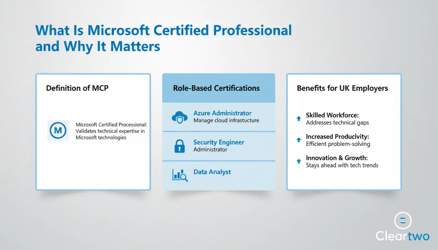 Infographic explaining what a Microsoft Certified Professional is and why it matters in the UK job market.