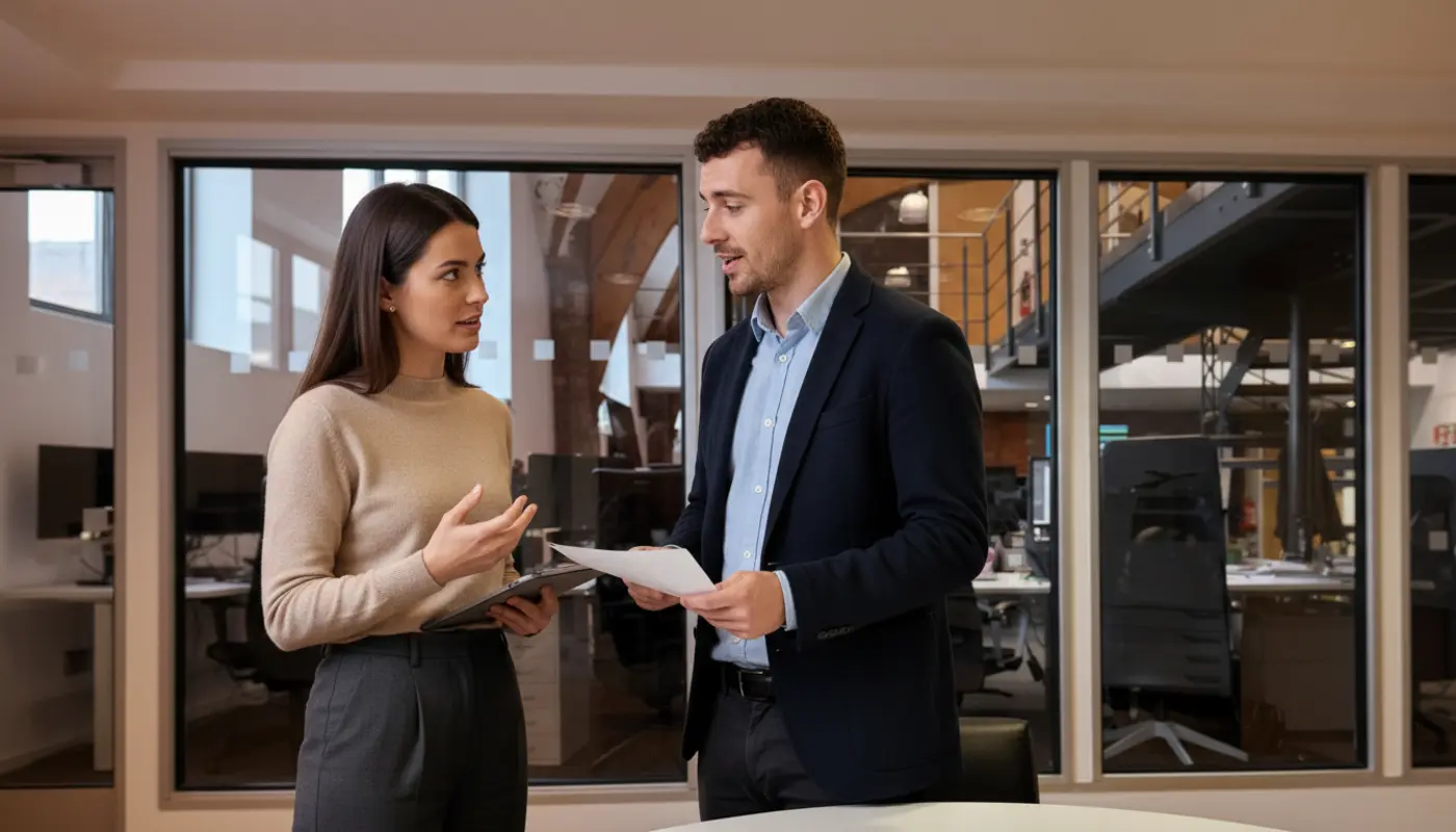 Adam and Jessica collaborating on brand strategy inside a UK office, mid-discussion.