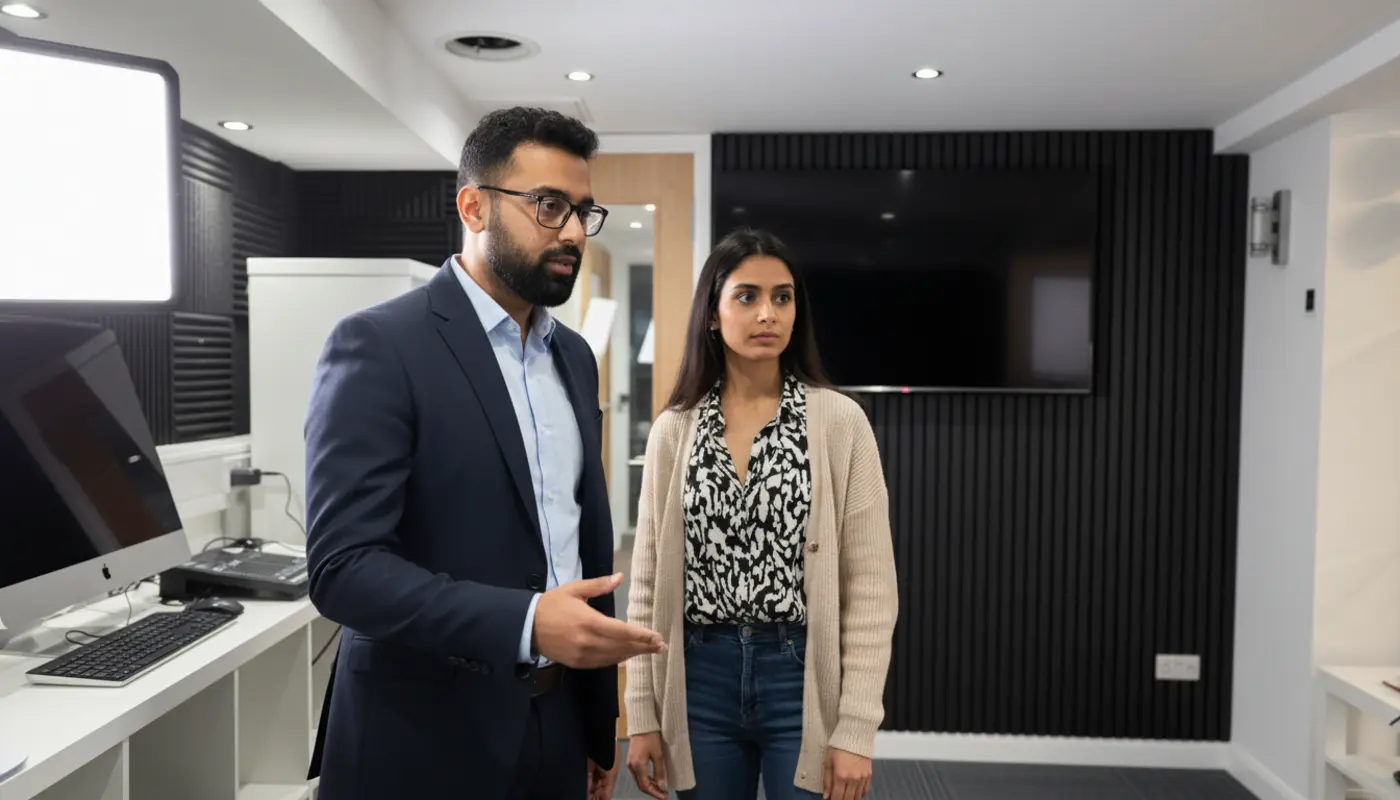Omar and Sara discussing SEO strategy in a UK office setting.