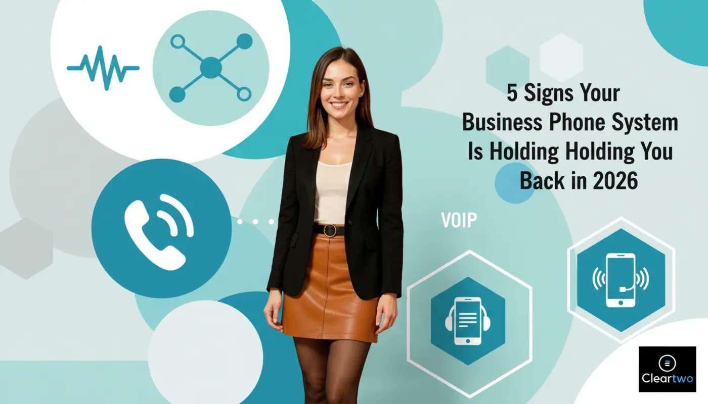 Jessica posed confidently against bright geometric VoIP‑themed graphics symbolising outdated systems.
