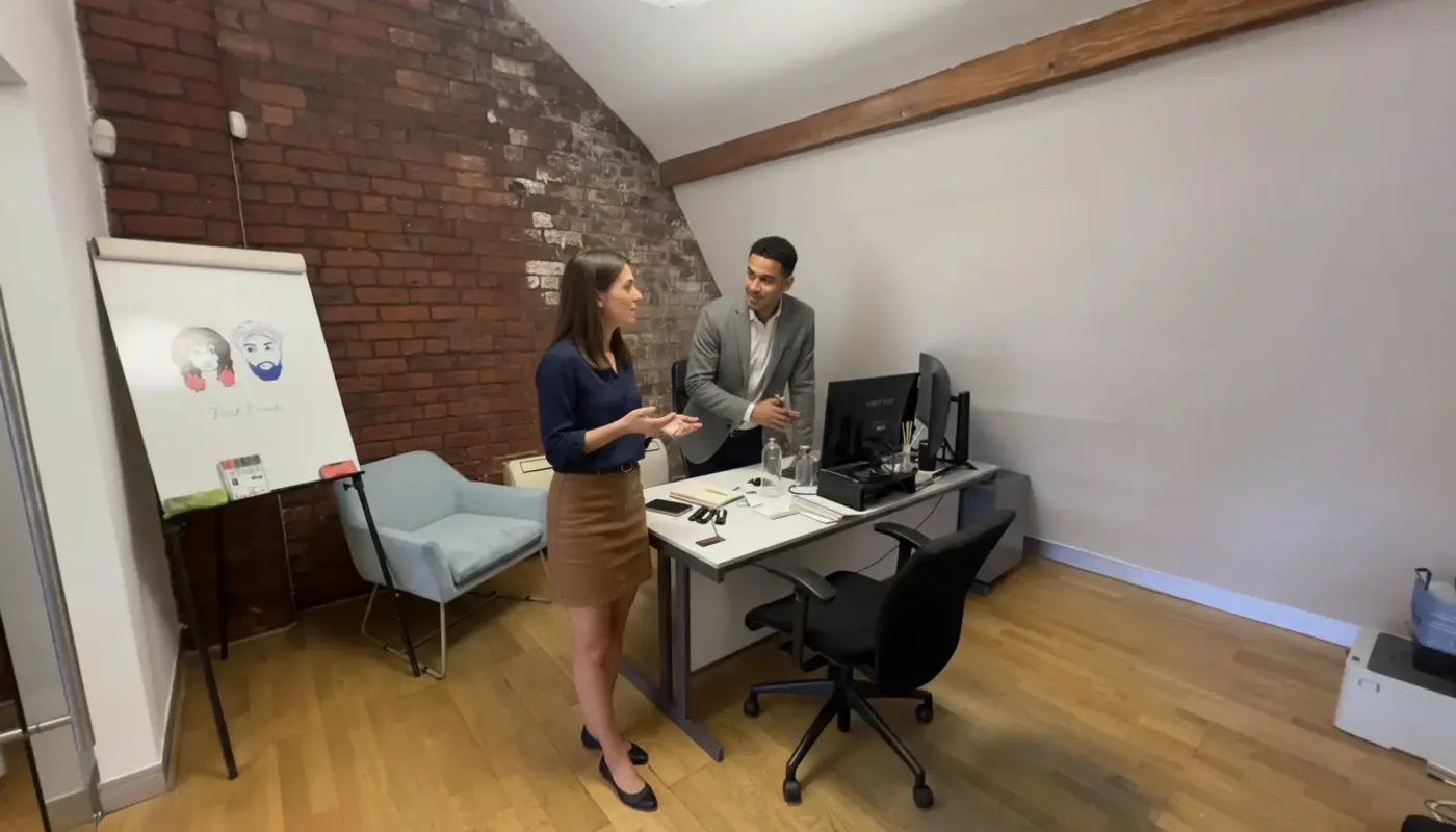 Jessica and Zak discussing AEO vs SEO strategy inside a UK office environment.