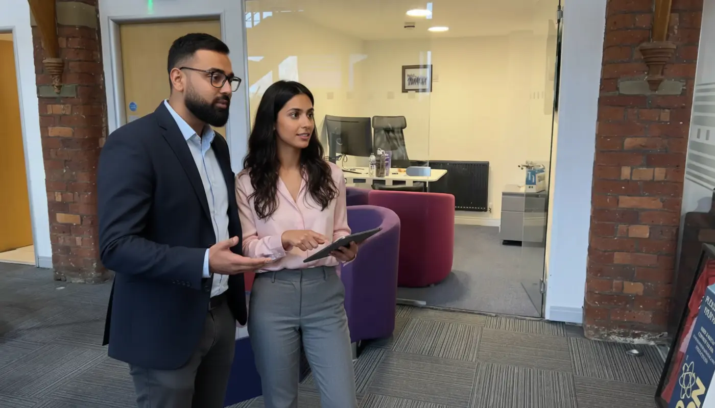 Omar and Sara discussing AI strategy inside a London tech office.