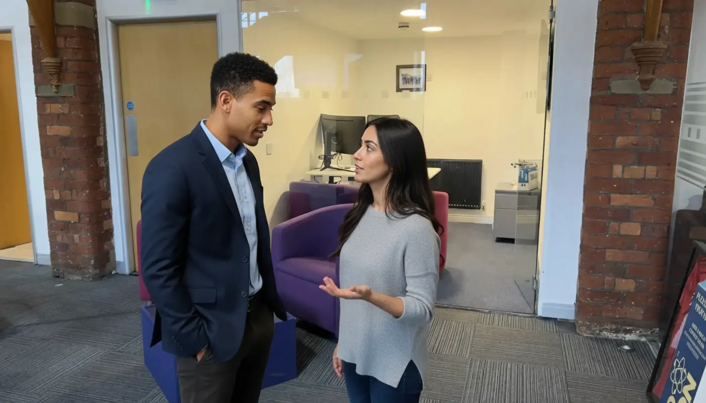 Zak and Sara collaborating inside a UK office, mid‑conversation, standing naturally.