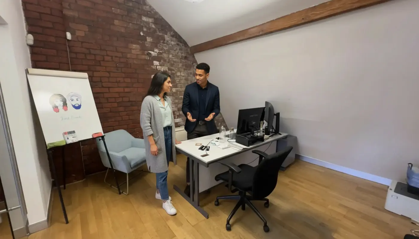 Zak and Sara discussing AEO strategy inside a UK office, mid-conversation.