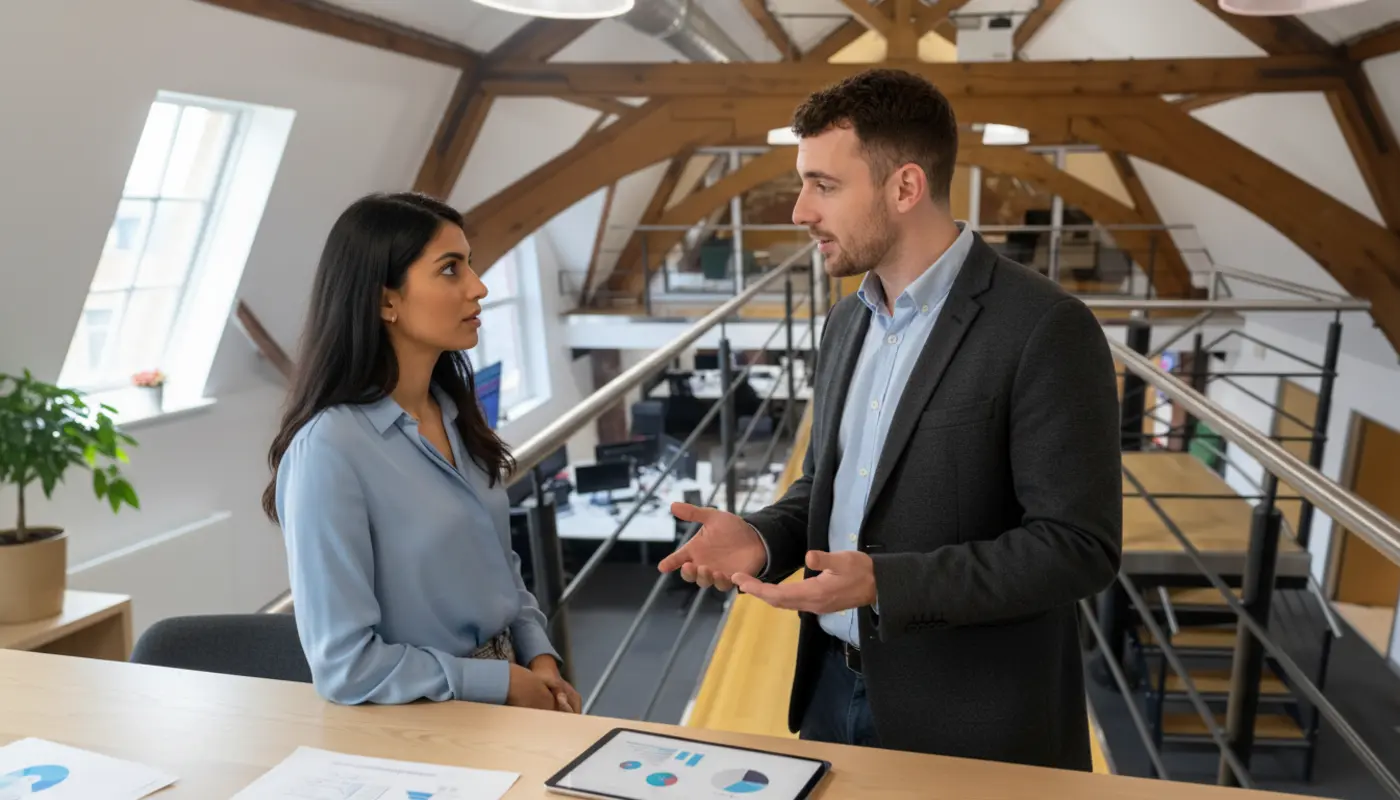 Adam and Sara discussing ecommerce store vs marketplace inside a UK office environment.