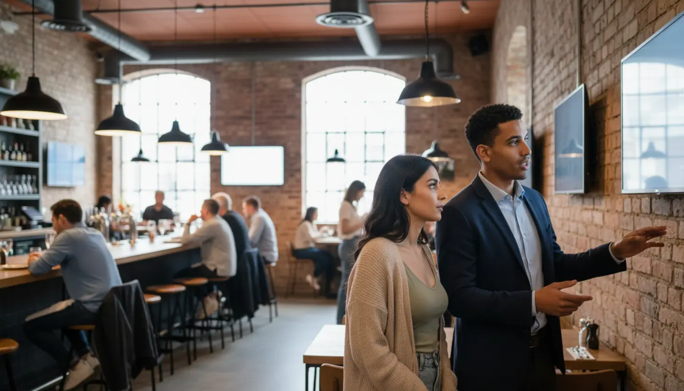 Zak and Sara discussing signage placement inside a UK restaurant.