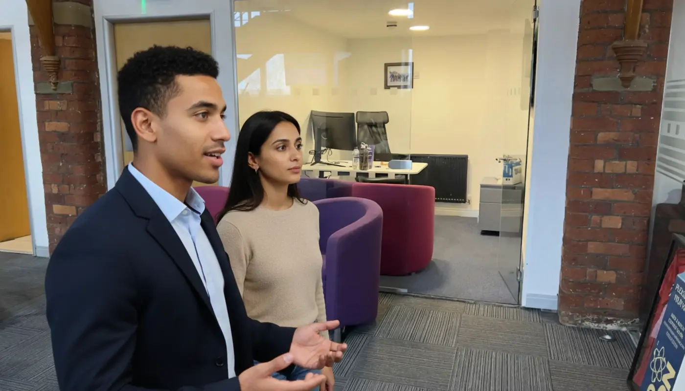 Zak and Sara collaborating in a UK office discussing web design.
