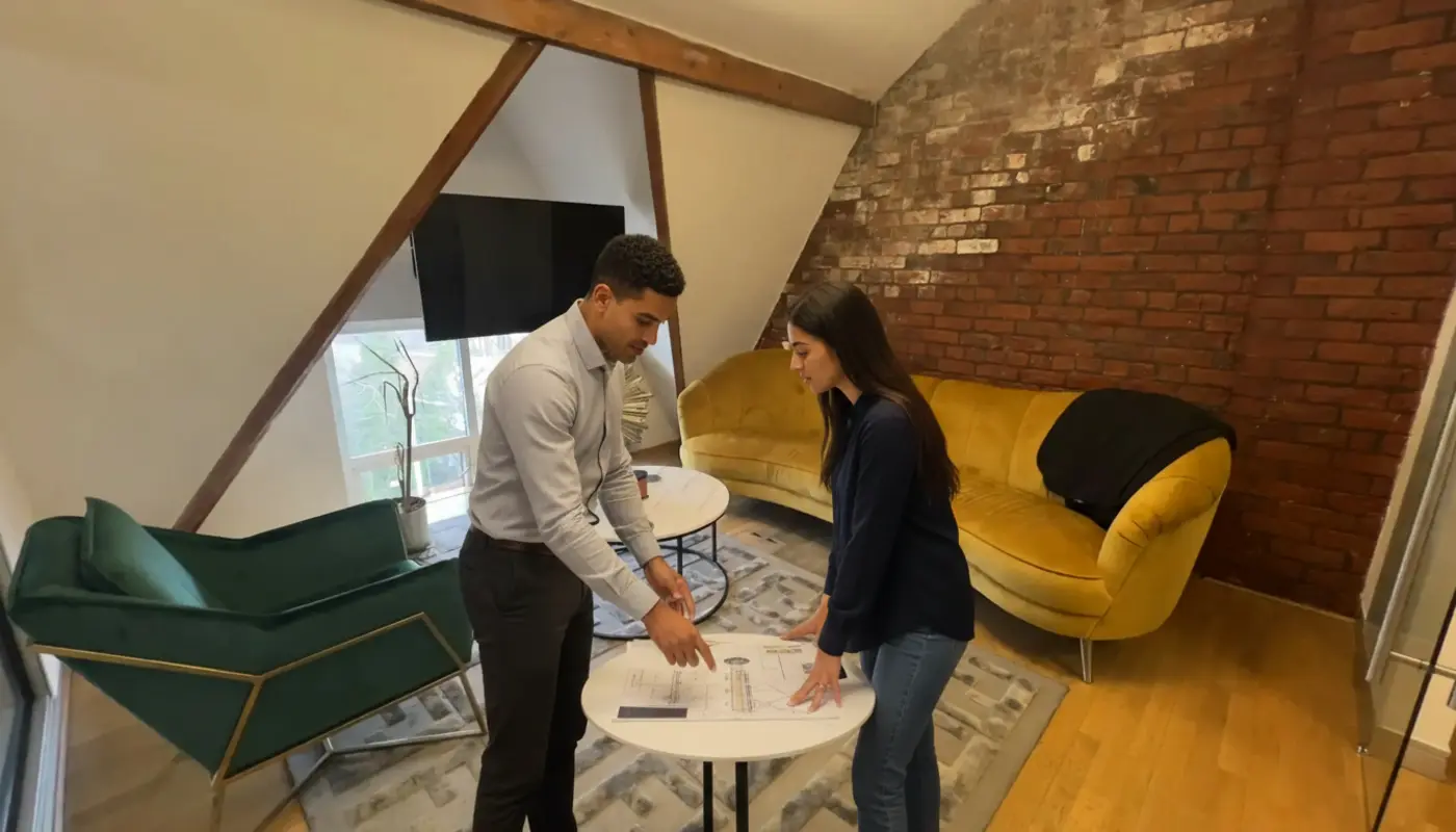 Zak and Sara discussing work inside a modern UK office.