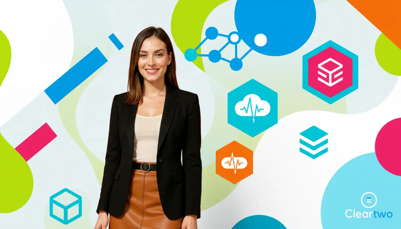 Jessica posed confidently in front of a bright geometric VoIP‑themed illustrated background.