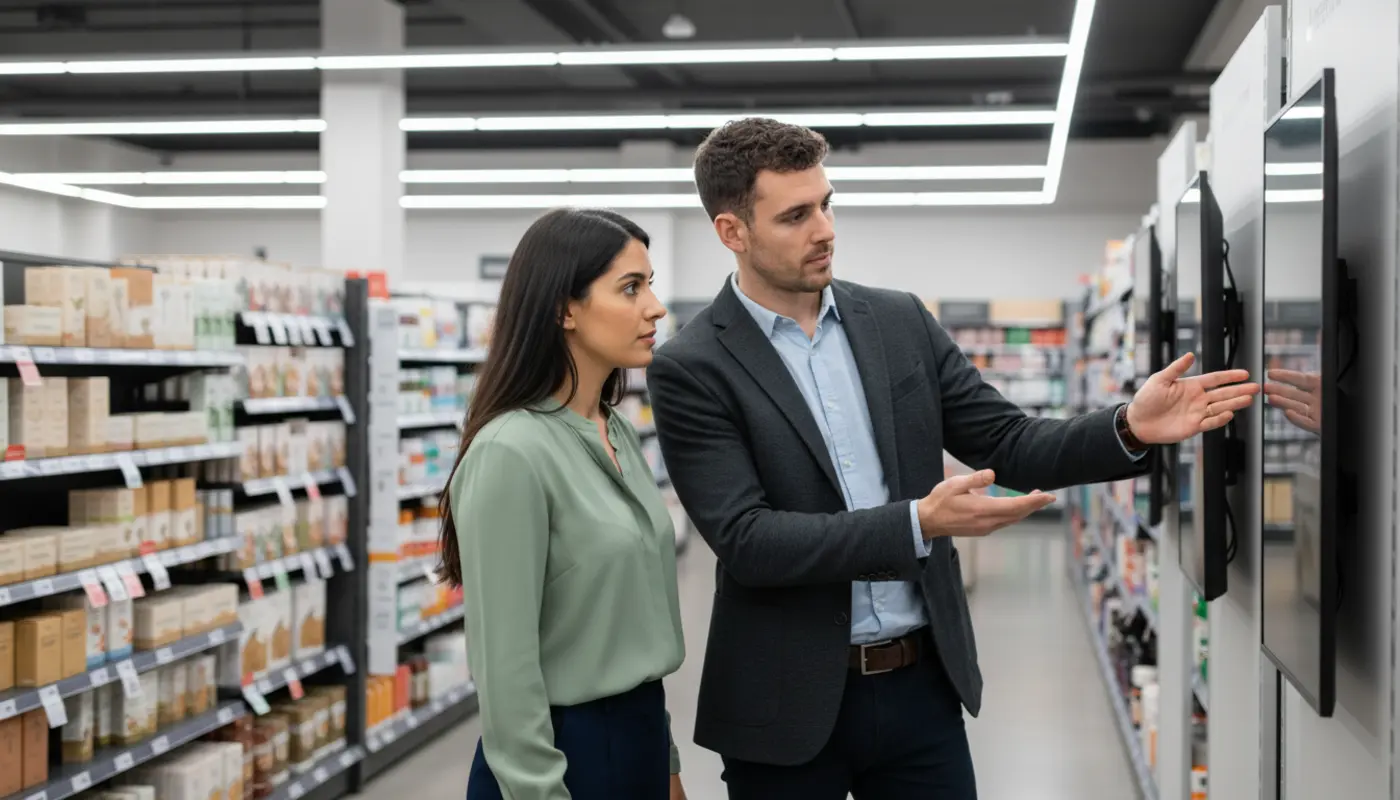Adam and Sara discussing digital signage placement inside a UK retail store.