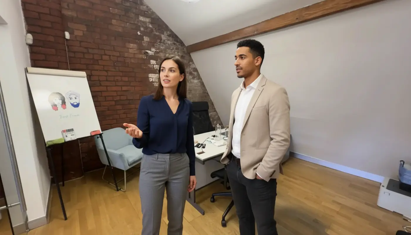 Jessica and Zak discussing brand awareness strategy inside a UK office, mid-conversation.