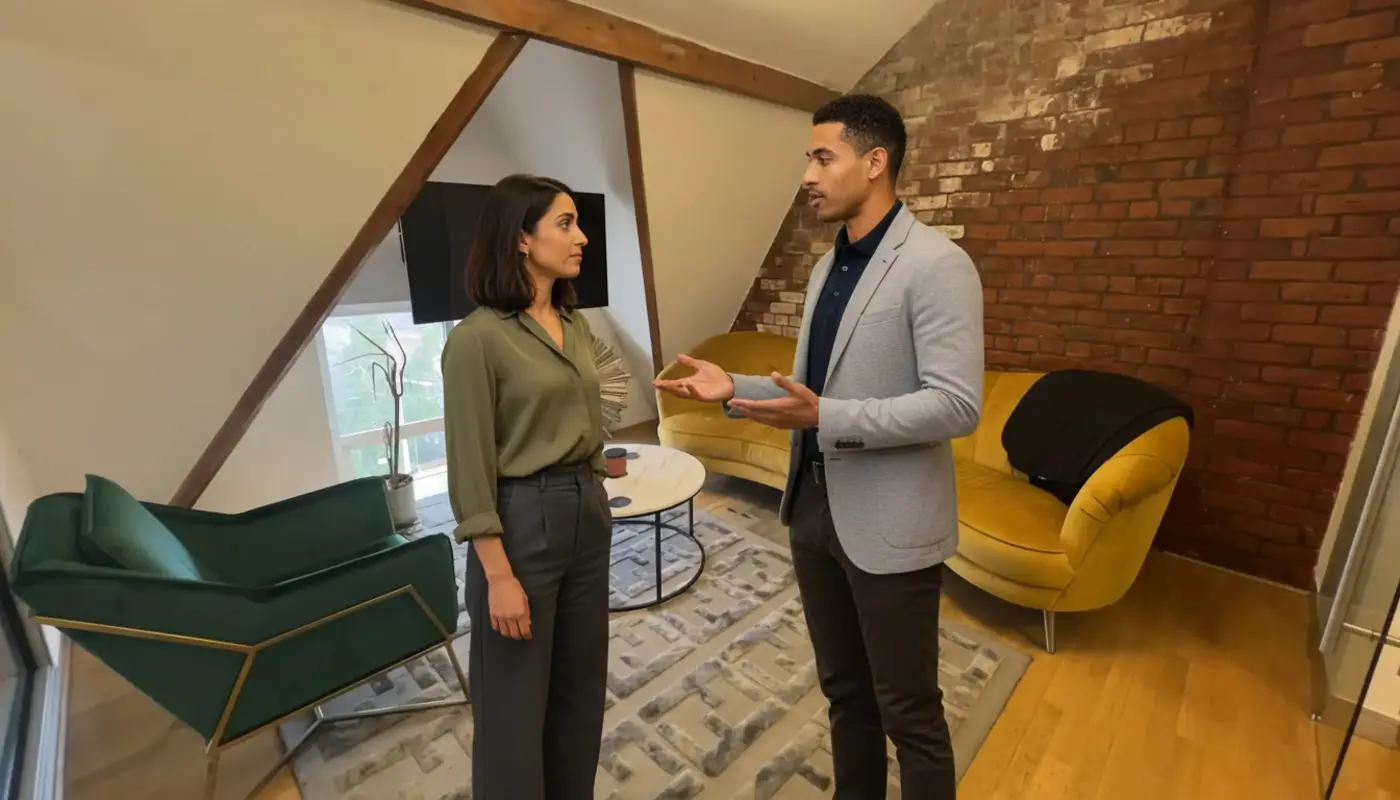 Zak and Sara discussing CRM experience paths inside a UK office, mid-collaboration.