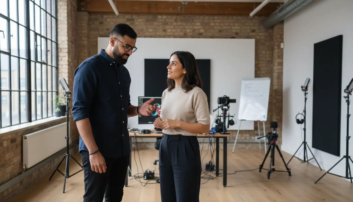 Omar and Sara discussing content setup inside a UK creator studio.