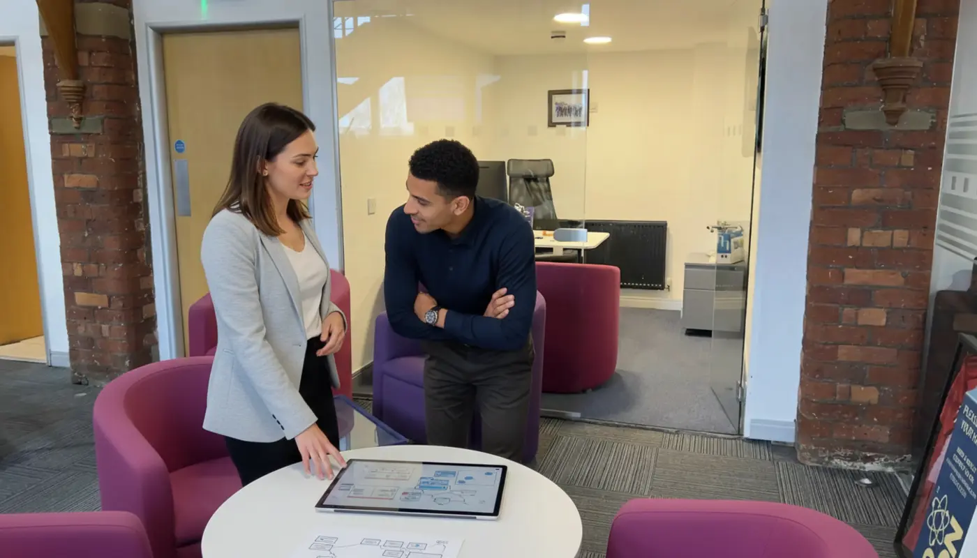 Jessica and Zak discussing AI tool planning in a UK office setting.