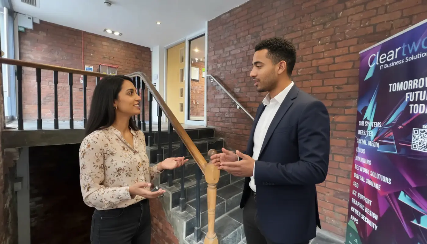 Zak and Sara discussing work inside a UK office, captured mid-collaboration.
