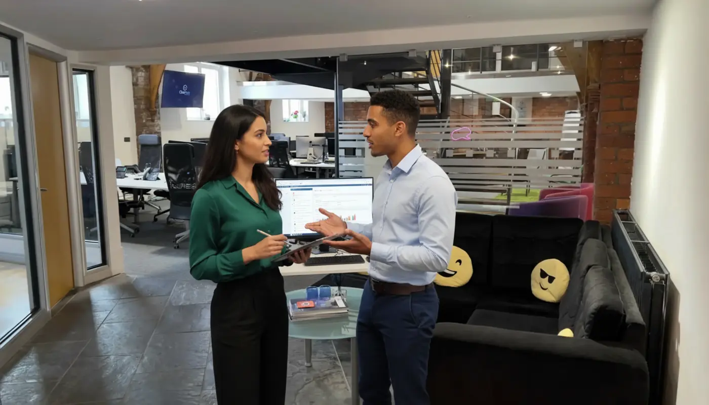 Zak and Sara discussing CRM setup inside a UK office, mid‑conversation.