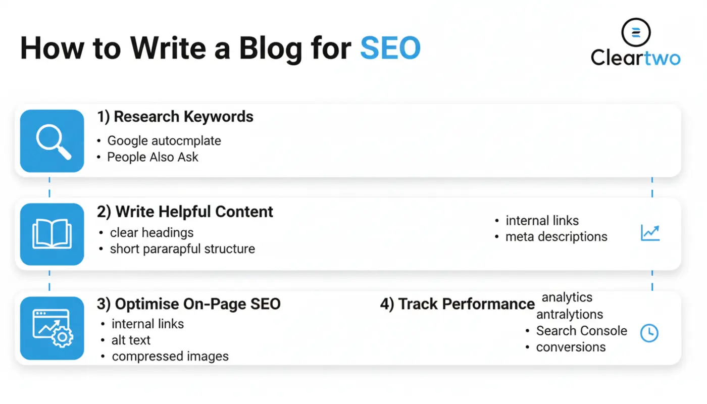 Infographic explaining essential steps for writing an SEO-friendly blog with clear sections and icons.
