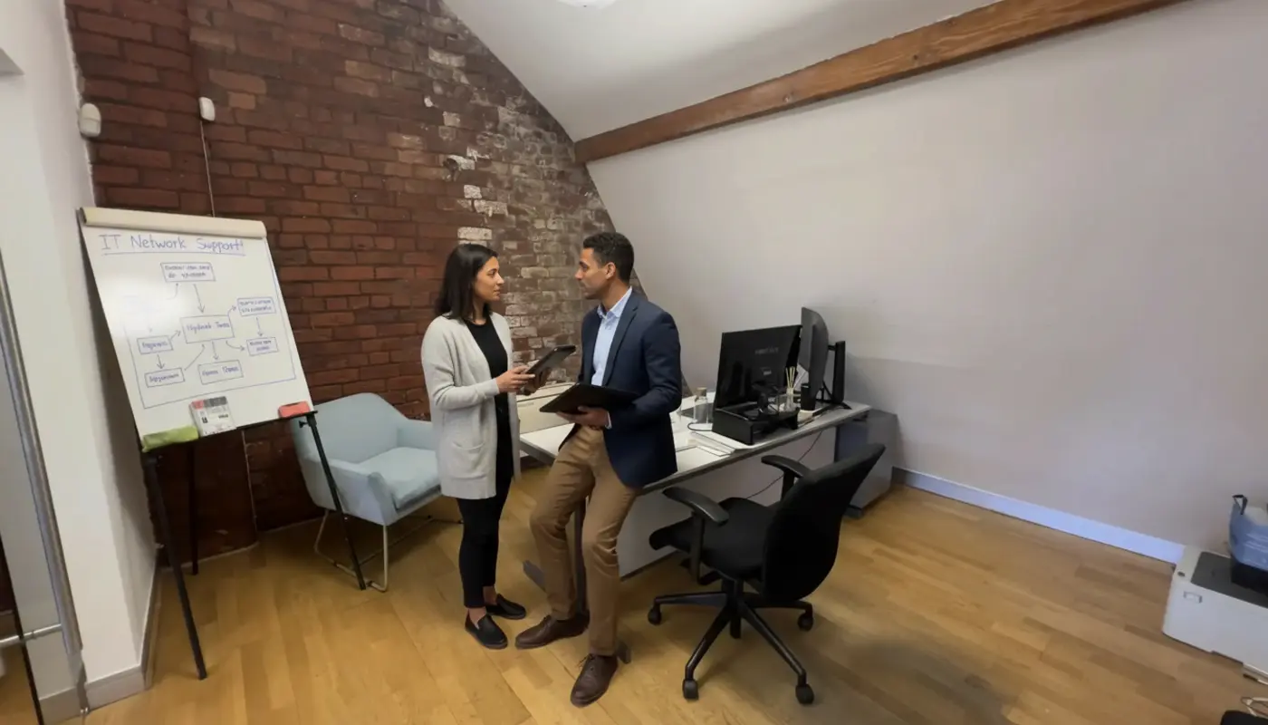 Zak and Sara discussing IT network support inside a UK office, mid-collaboration.