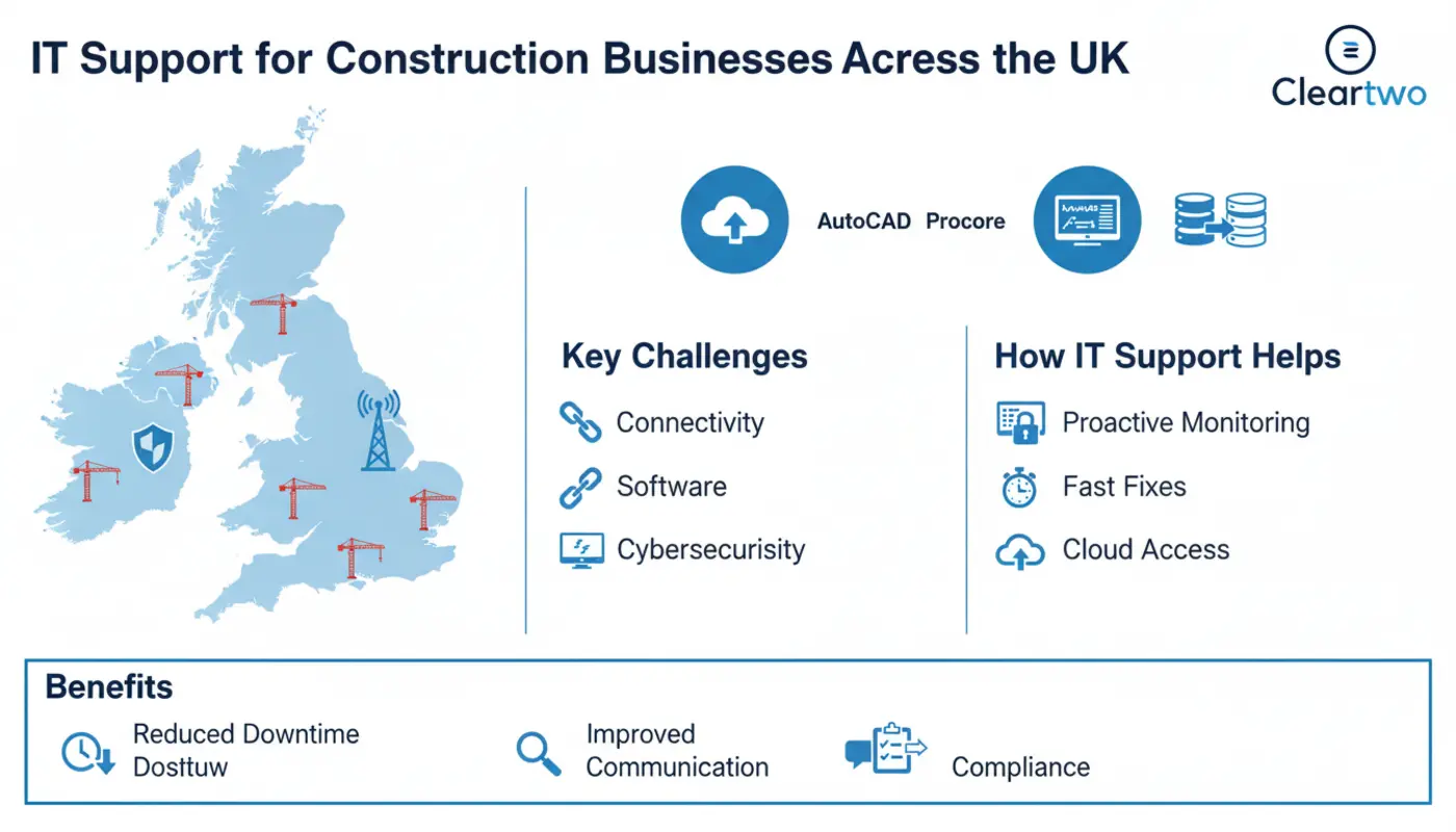 Infographic showing UK construction IT support benefits, challenges, and digital tools.