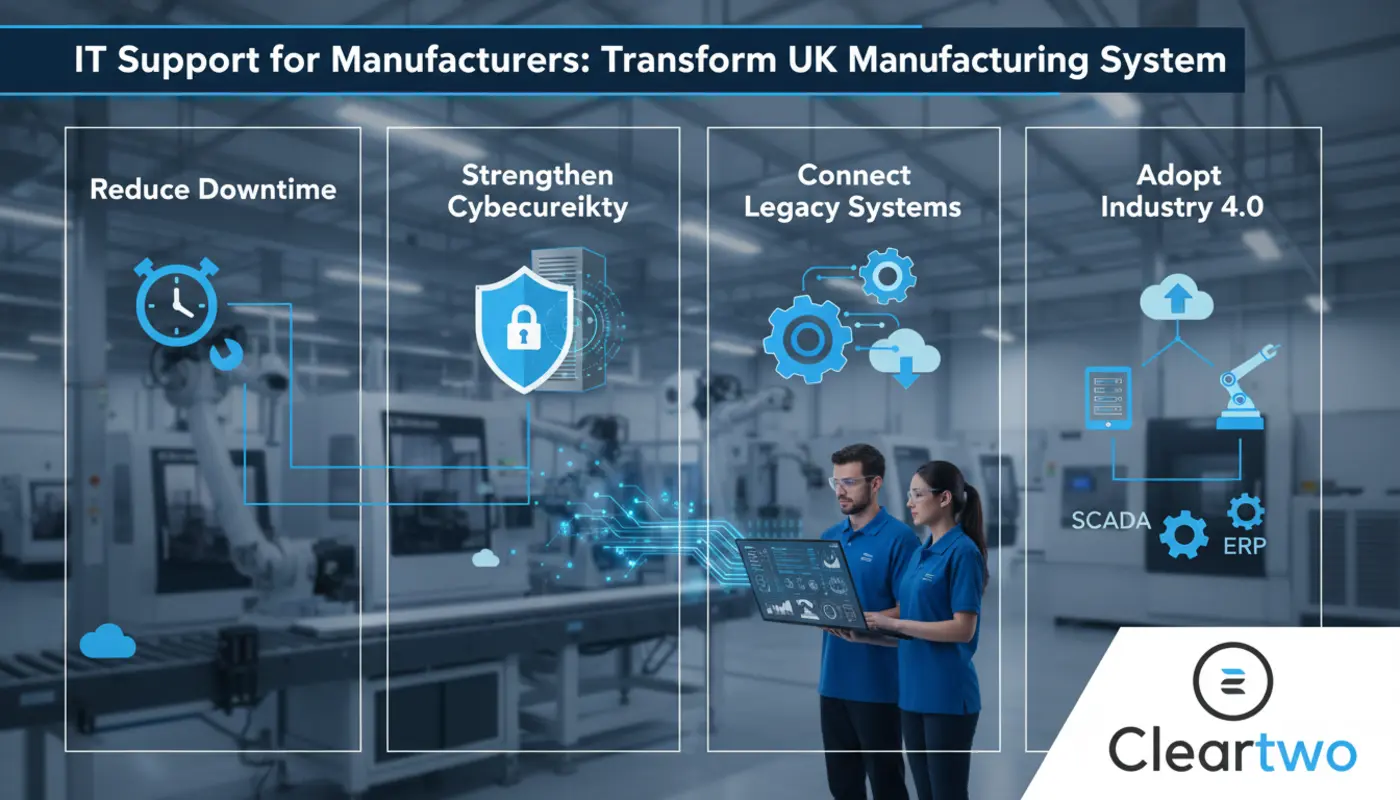 Infographic showing modern connected UK factory systems with IT support elements and Cleartwo branding.