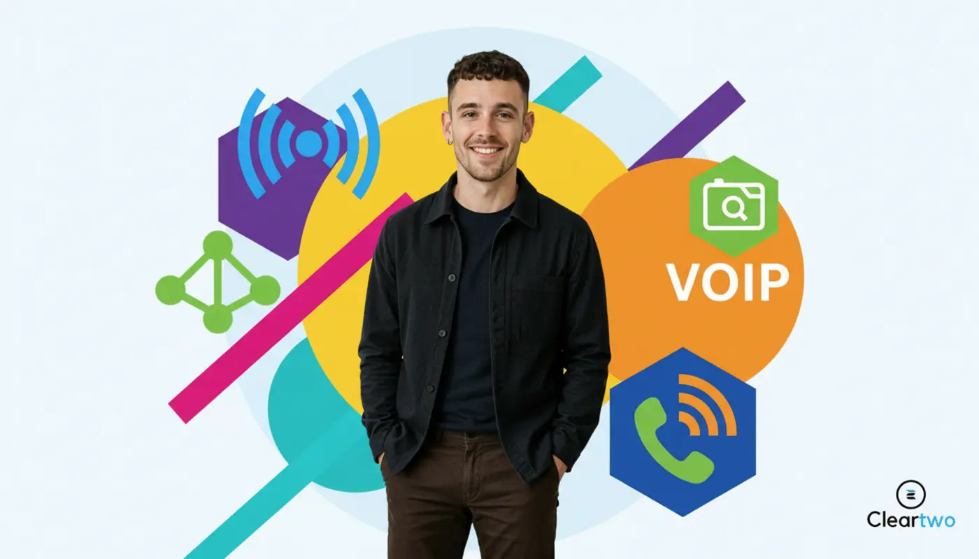 Adam posed confidently in front of bright geometric VoIP graphics symbolising the UK PSTN switch‑off.