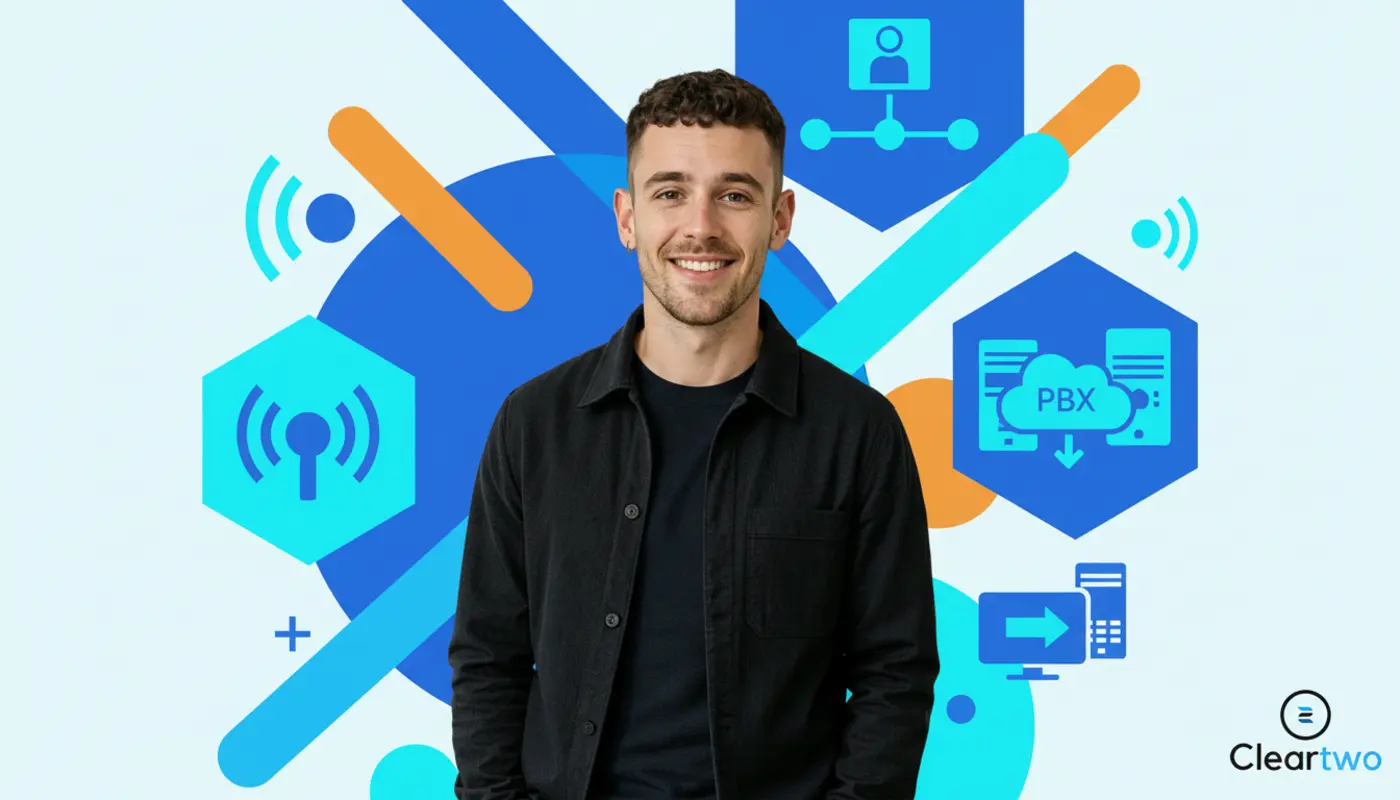Adam posed confidently in front of a bright geometric VoIP‑themed background for a PSTN switch‑off article.