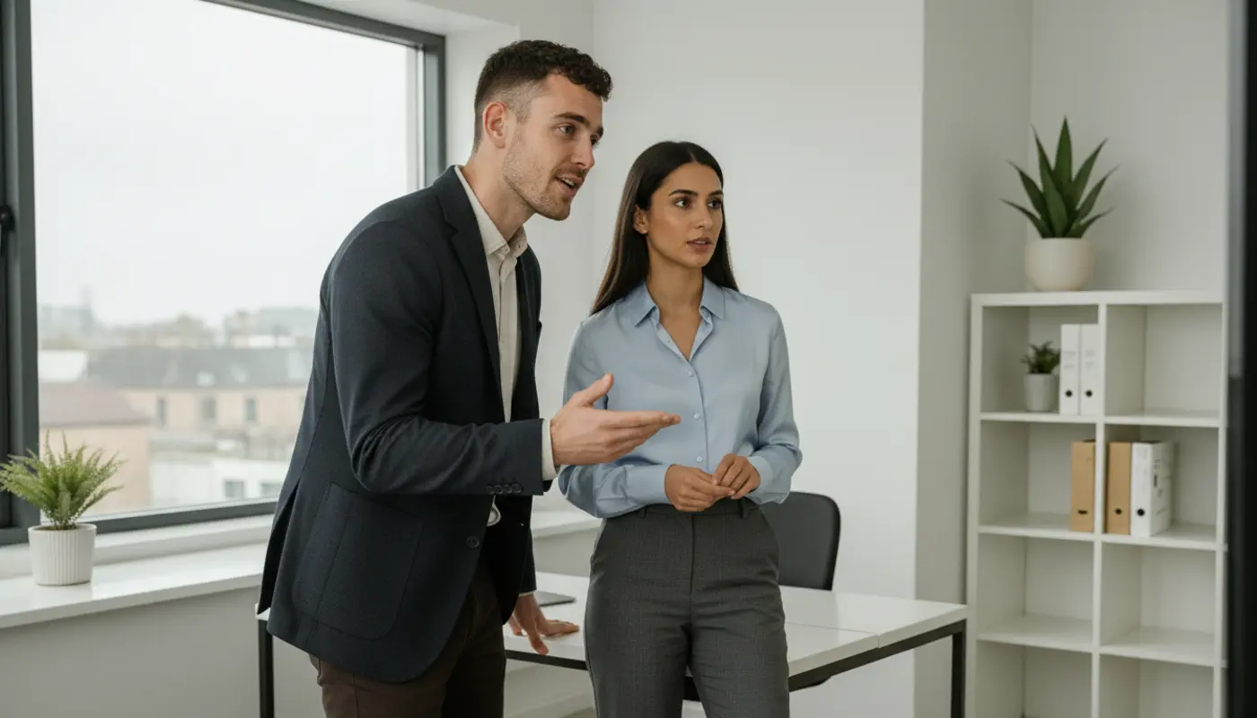 Adam and Sara discussing AI strategy inside a UK office environment.