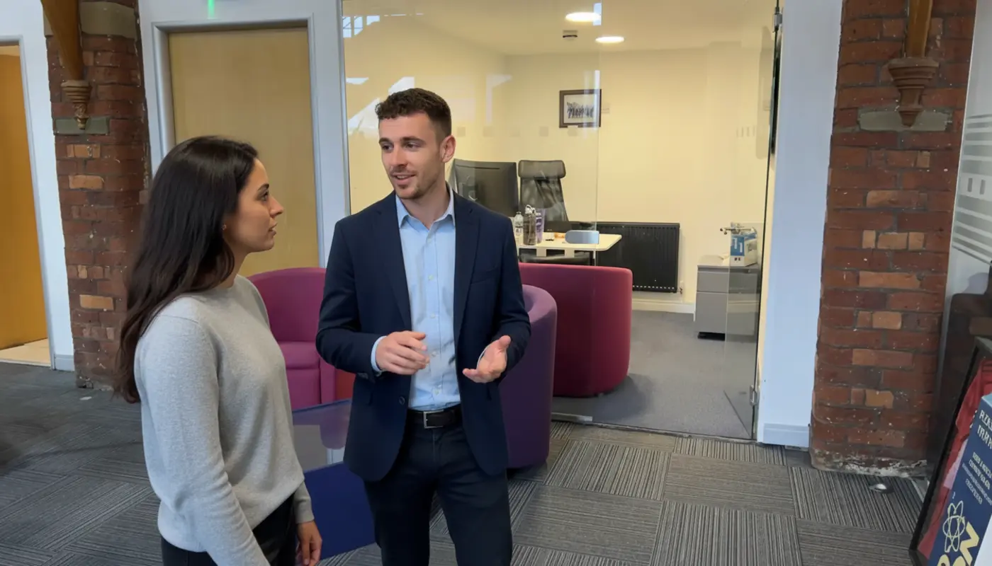 Adam and Sara discussing AI strategy inside a UK office environment.