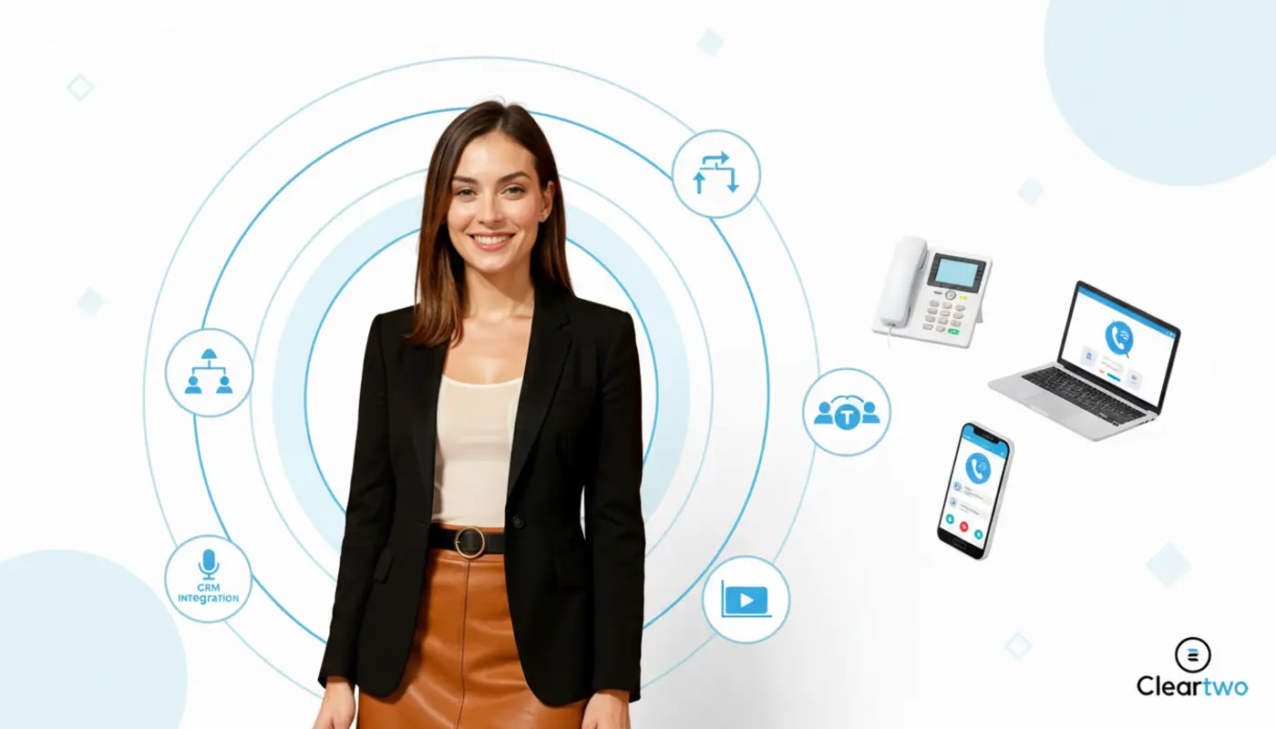 Photorealistic Jessica with illustrated VoIP devices and blue icons on a bright white background.