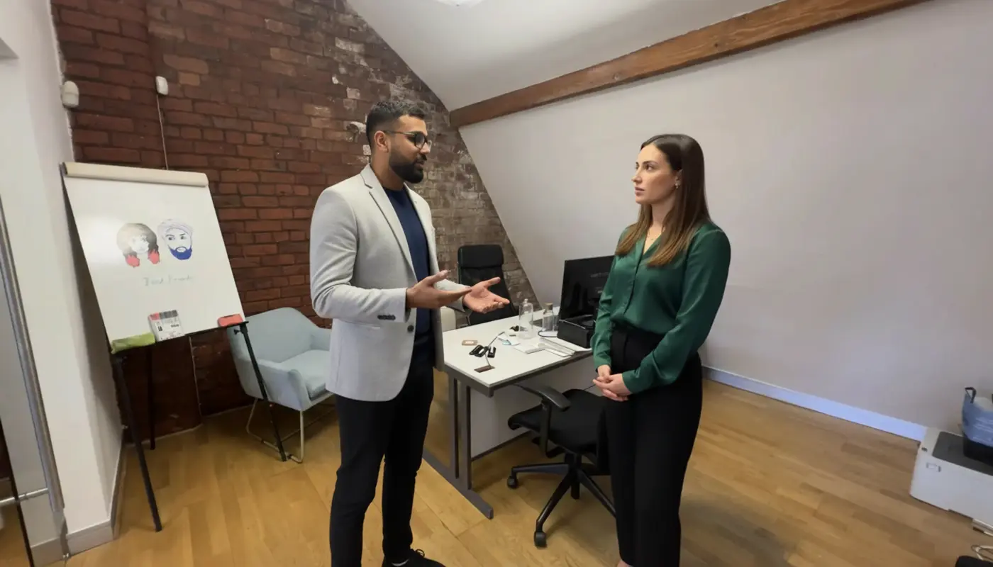 Omar and Jessica collaborating in a UK office discussing digital marketing strategy.