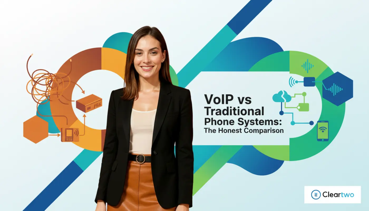Jessica posed confidently against a vibrant geometric VoIP‑themed background for a telecom comparison article.