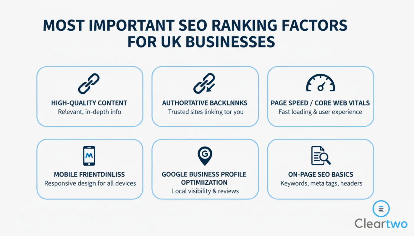 Infographic showing key SEO ranking factors with icons for backlinks, content, speed, mobile, and local search.