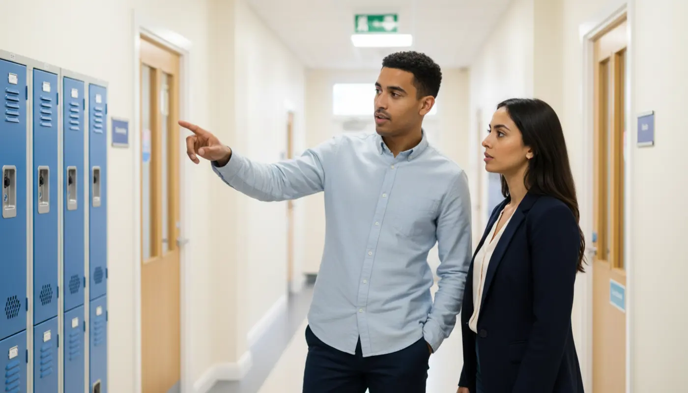 Zak and Sara collaborating in a UK school corridor reviewing connectivity needs.