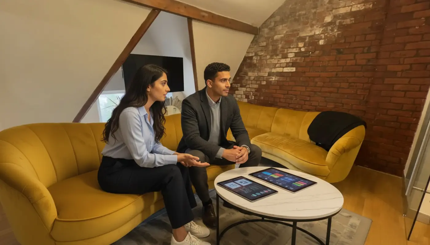 Sara and Zak discussing email migration planning inside a UK office environment.