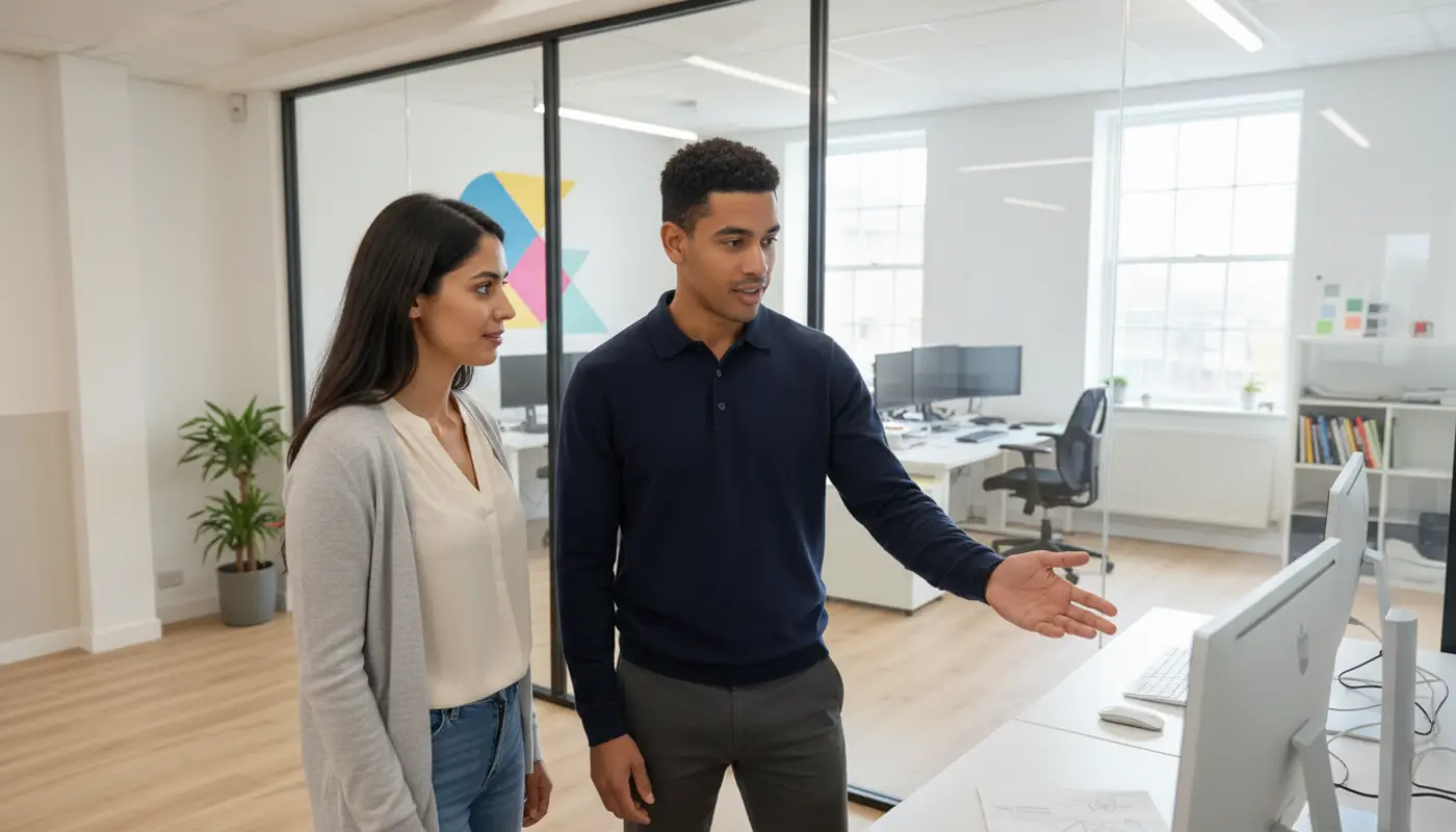 Sara and Zak discussing a design task inside a UK creative studio.