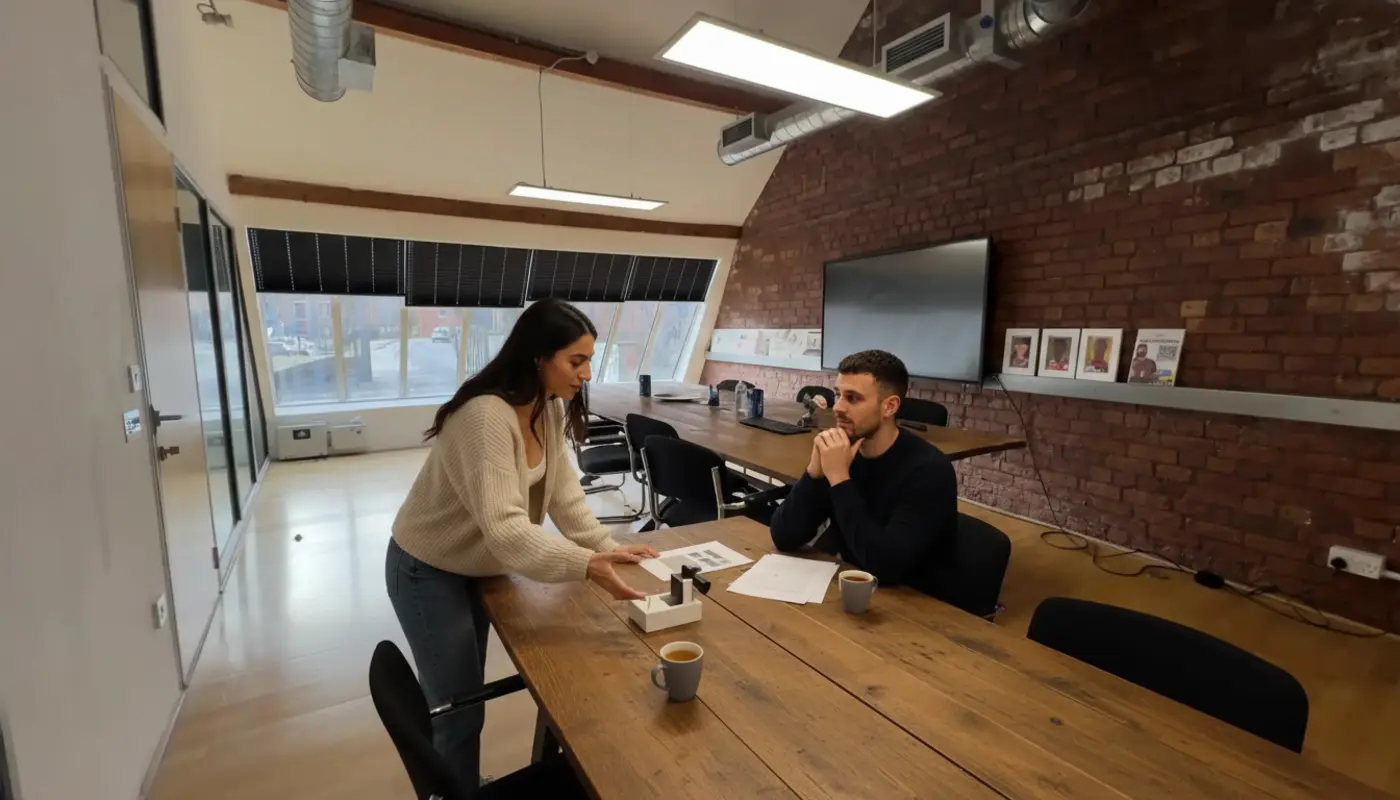 Sara and Adam discussing design work inside a UK creative studio.