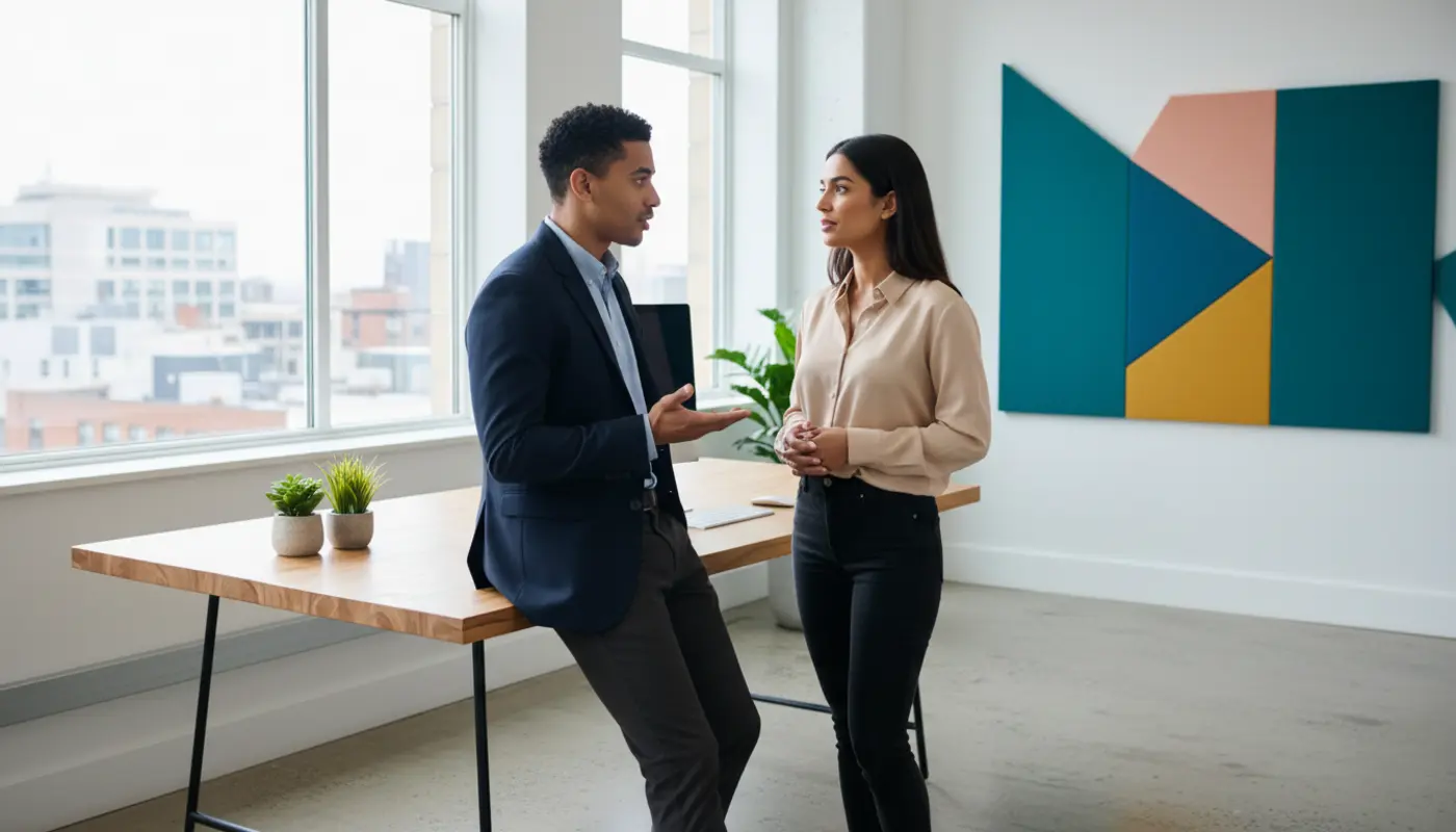 Zak and Sara discussing work inside a UK office, captured mid‑conversation.