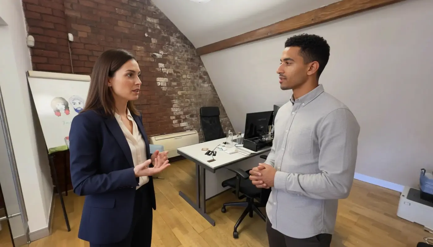 Jessica and Zak discussing AI implementation inside a UK office, captured mid‑conversation.