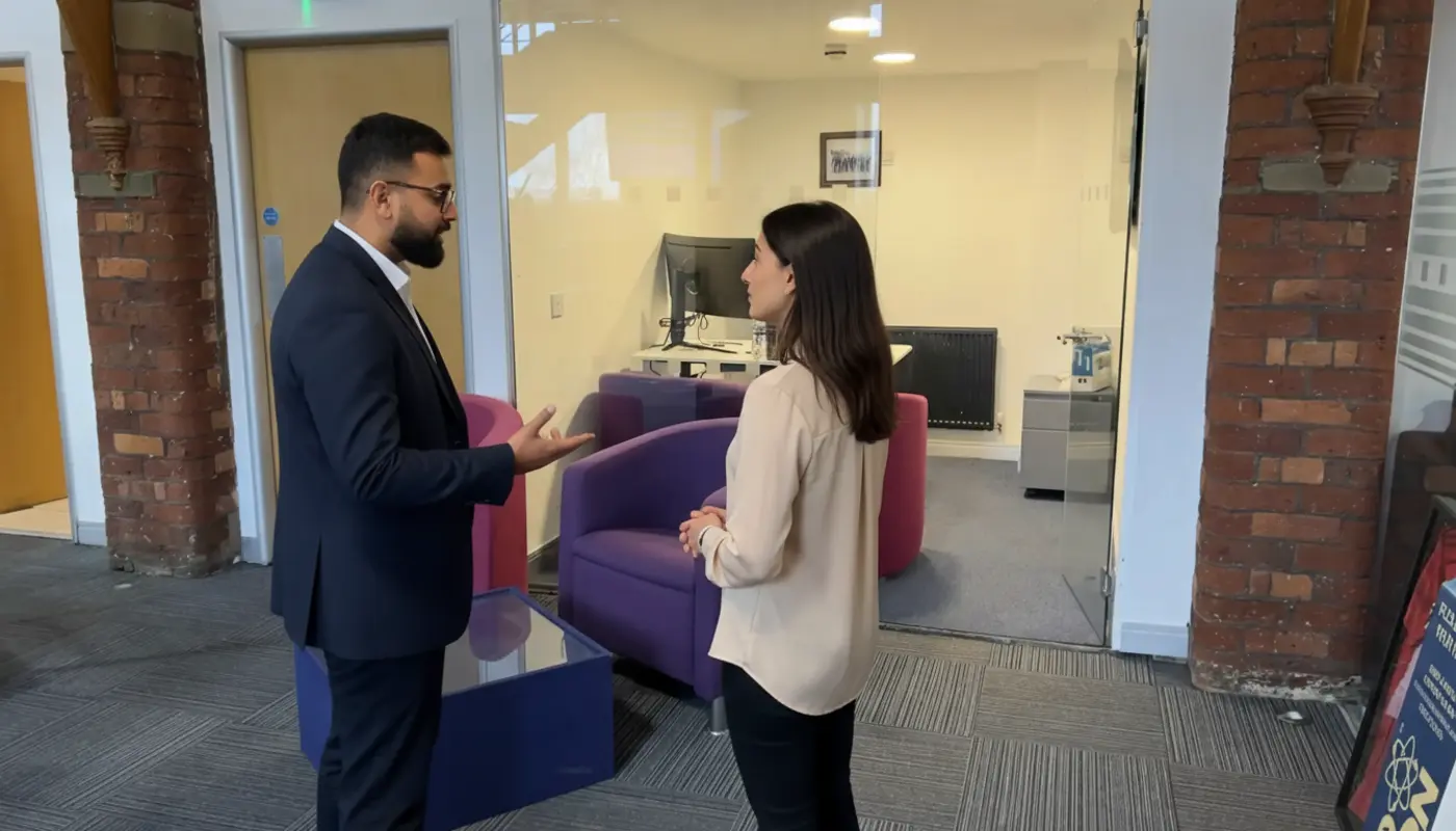 Omar and Sara discussing work inside a UK office background, engaged in a natural mid‑conversation moment.