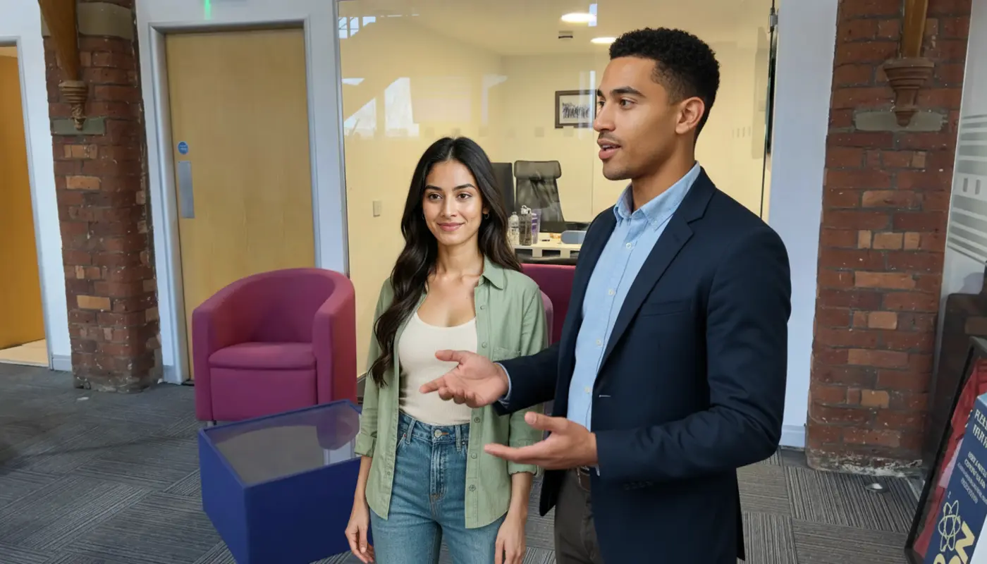 Zak and Sara discussing Shopify theme planning inside a UK office during an active work moment.