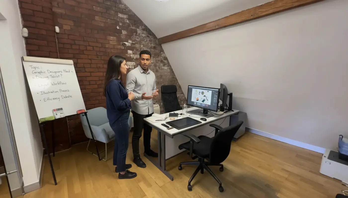 Zak and Sara discussing graphic design workflow inside a UK creative studio.
