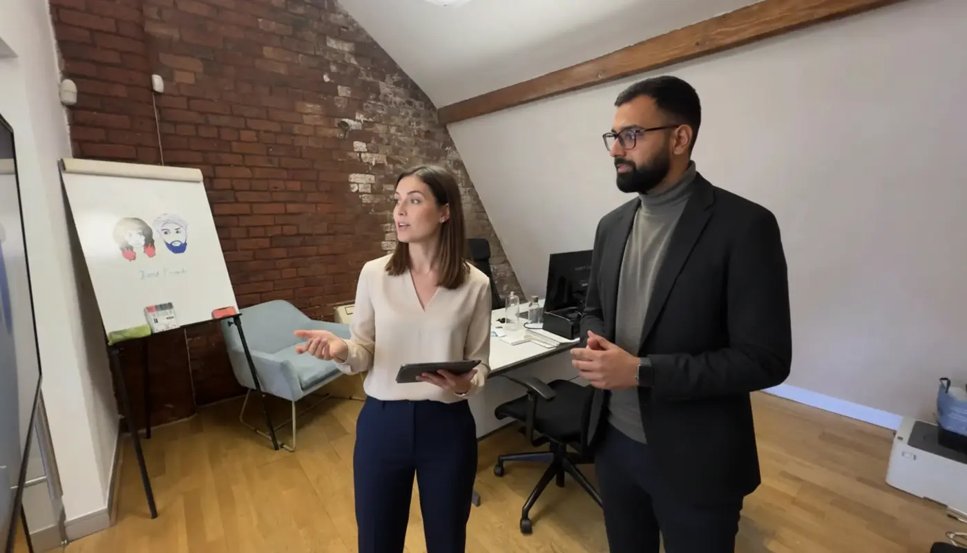 Jessica and Omar discussing AI-driven customer experience improvements in a UK office setting.