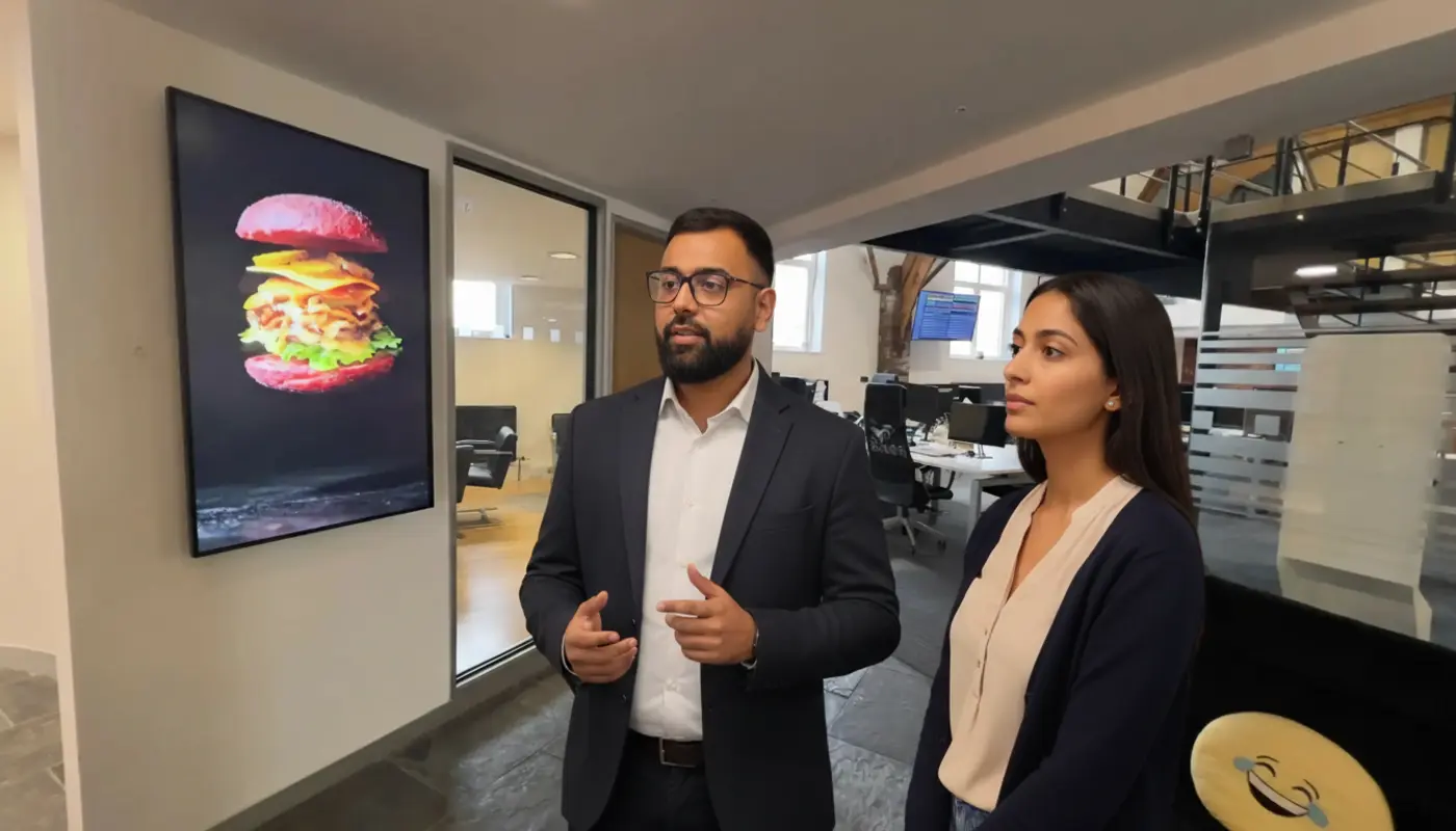 Omar and Sara discussing AI‑driven sales insights inside a UK sales office.