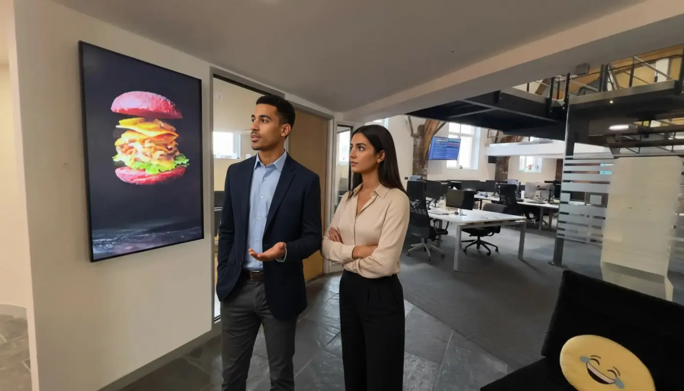 Zak and Sara discussing agency valuation inside a UK office during an active collaborative conversation.