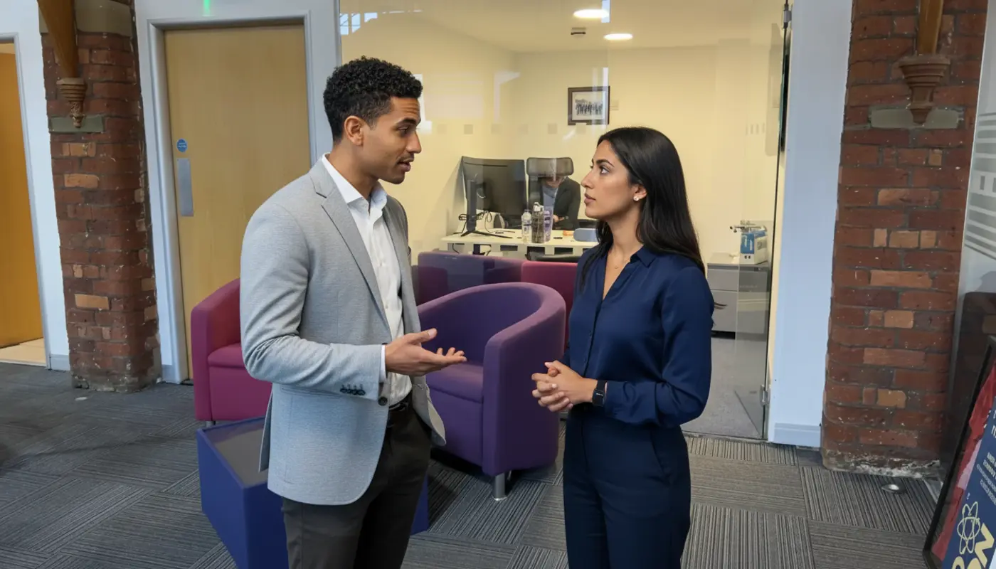 Zak and Sara in a UK office mid-discussion, collaborating on a business task.