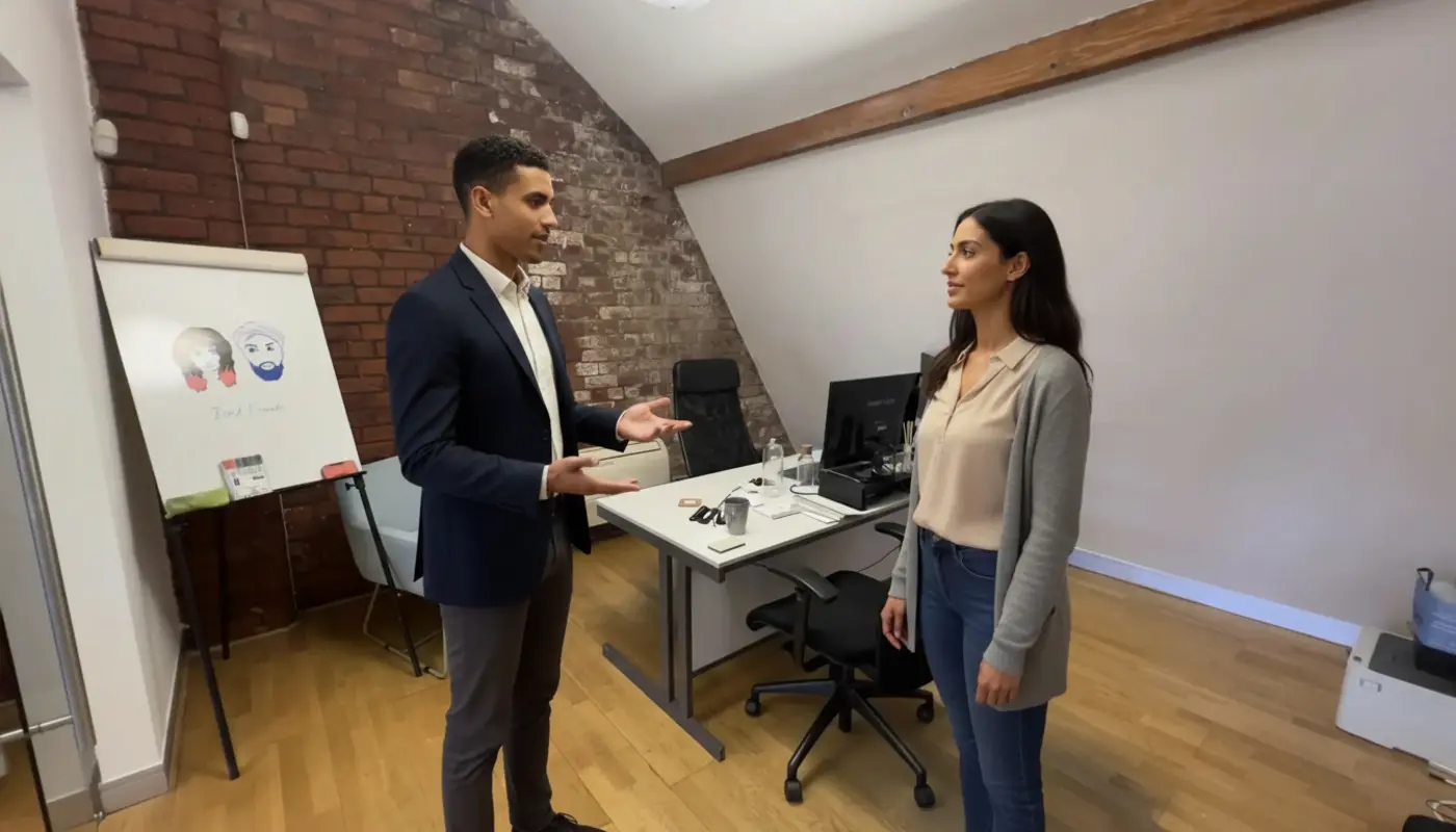 Zak and Sara discussing work inside a UK office, mid-conversation, natural collaboration.