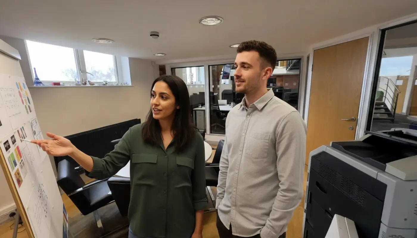 Sara and Adam discussing visual direction in a UK creative studio while reviewing script-to-design ideas.