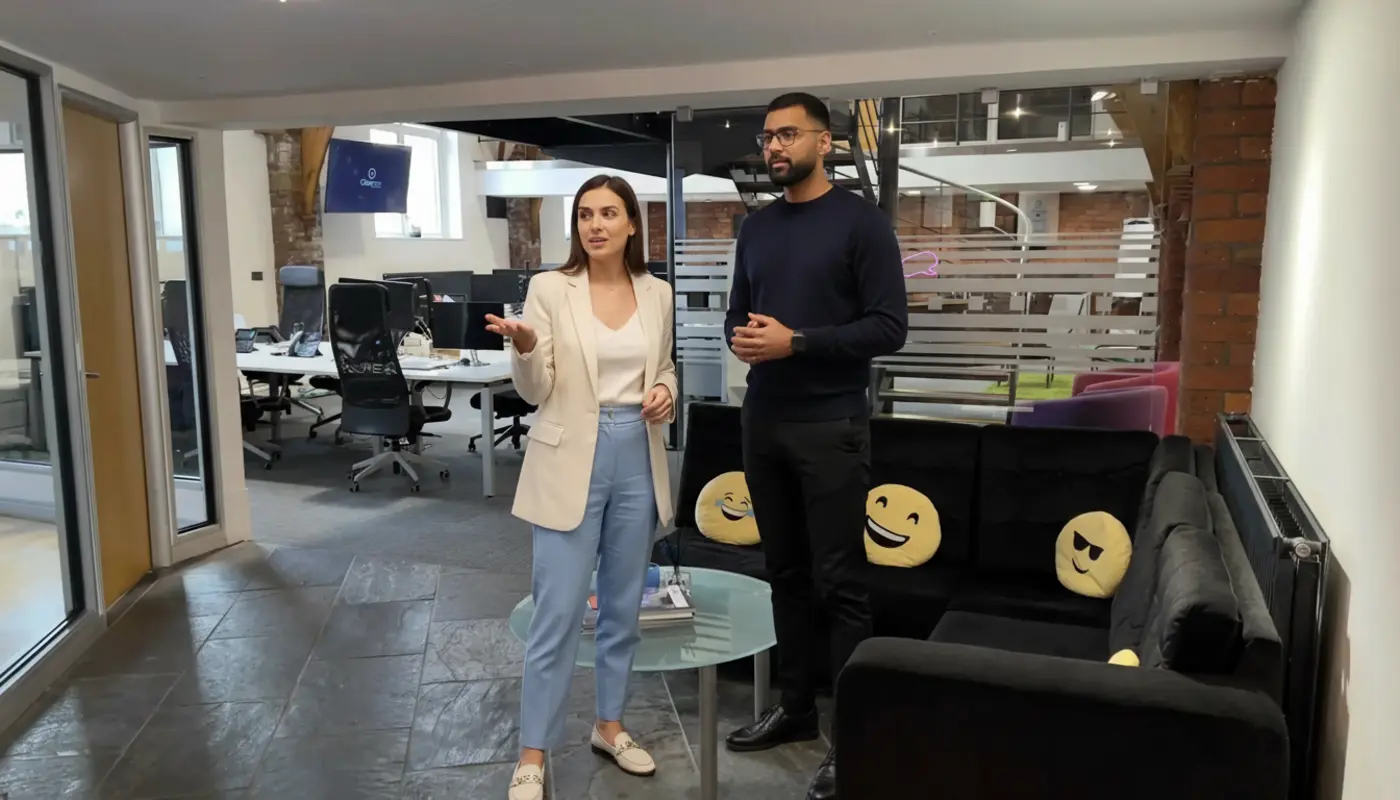 Jessica and Omar discussing Instagram monetisation inside a UK creator studio.
